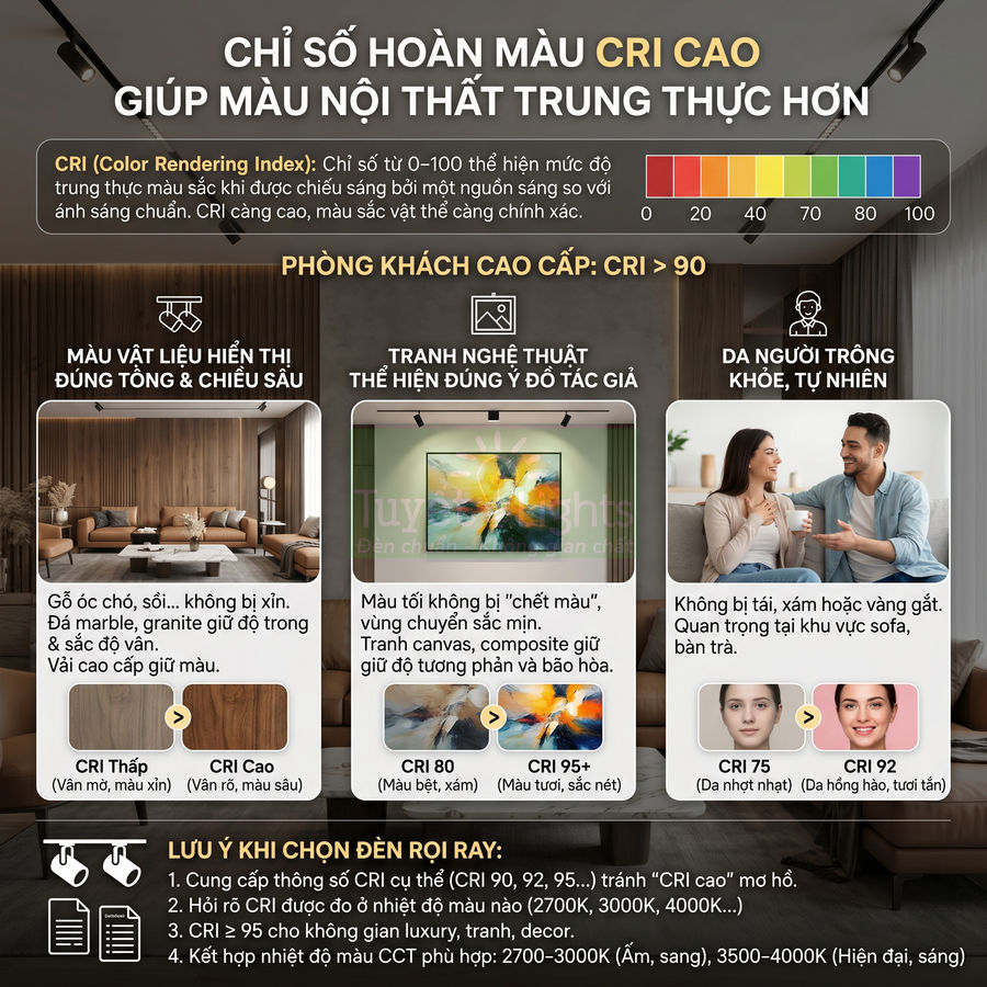 Infographic so sánh chỉ số hoàn màu CRI cao và thấp cho đèn rọi ray trong phòng khách, ảnh hưởng đến màu nội thất và da người