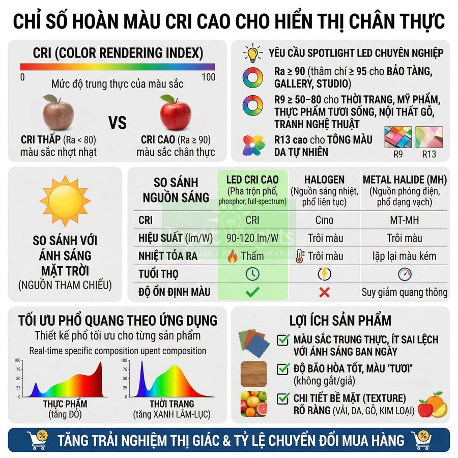 Infographic so sánh chỉ số hoàn màu CRI cao của đèn LED với halogen, metal halide và ánh sáng mặt trời