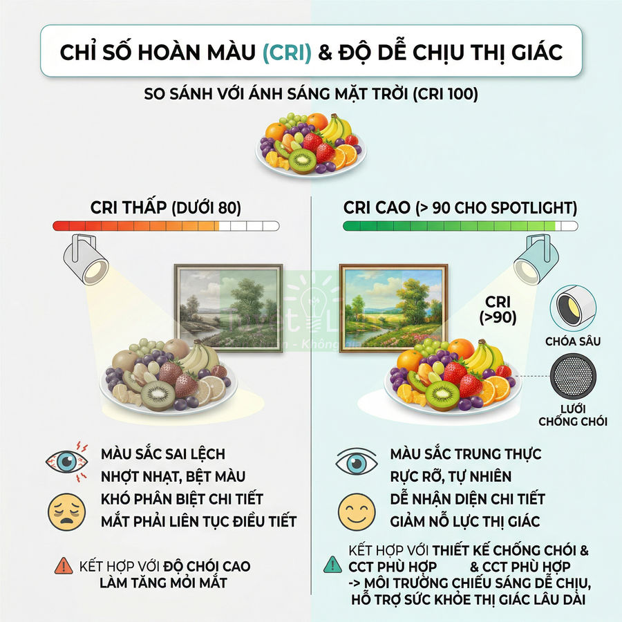 So sánh ánh sáng CRI thấp và CRI cao chiếu vào đĩa trái cây và tranh treo tường