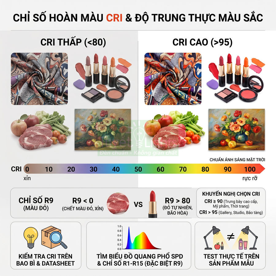 Bảng so sánh chỉ số hoàn màu CRI thấp và CRI cao cho đèn chiếu sáng, minh họa độ trung thực màu sắc sản phẩm