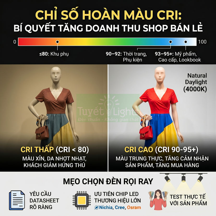 So sánh ma nơ canh mặc váy nhiều màu dưới ánh sáng CRI thấp và CRI cao trong shop bán lẻ