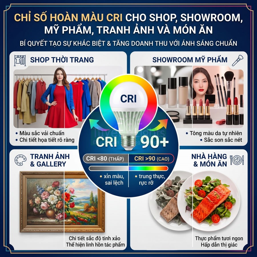 Bóng đèn LED CRI 90+ cho shop thời trang, showroom mỹ phẩm, tranh gallery và nhà hàng giúp màu sắc trung thực, rực rỡ