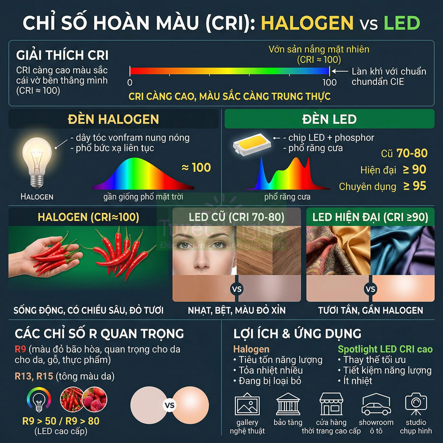 Infographic so sánh chỉ số hoàn màu CRI giữa đèn halogen và đèn LED cho chiếu sáng nội thất