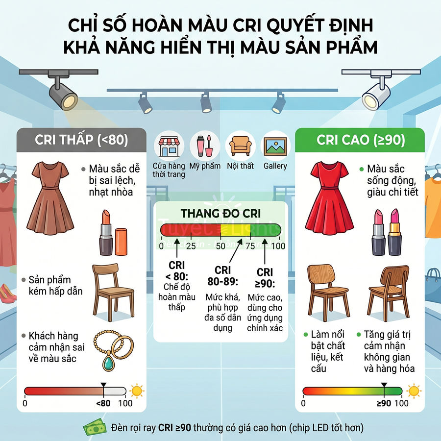 Infographic so sánh chỉ số hoàn màu CRI thấp và cao cho đèn rọi trong cửa hàng thời trang, mỹ phẩm, nội thất