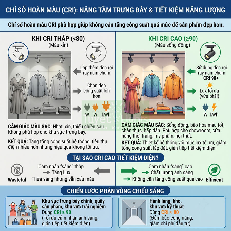 Infographic so sánh chỉ số hoàn màu CRI thấp và cao trong chiếu sáng đèn LED cho quầy trưng bày sản phẩm