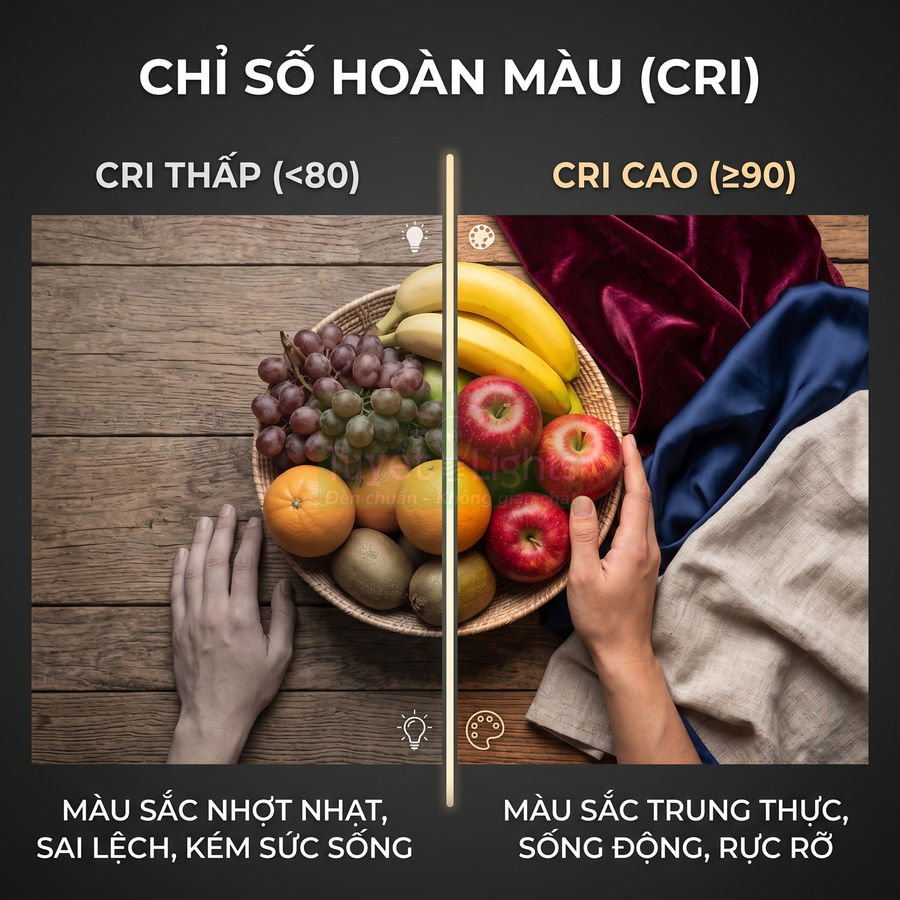 So sánh chỉ số hoàn màu CRI thấp và CRI cao qua rổ trái cây dưới hai nguồn sáng khác nhau