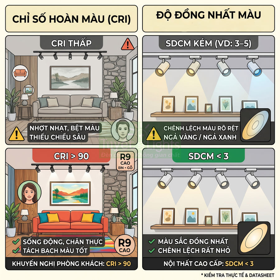 Minh họa so sánh đèn LED CRI thấp và CRI trên 90, SDCM kém và SDCM dưới 3 cho nội thất phòng khách
