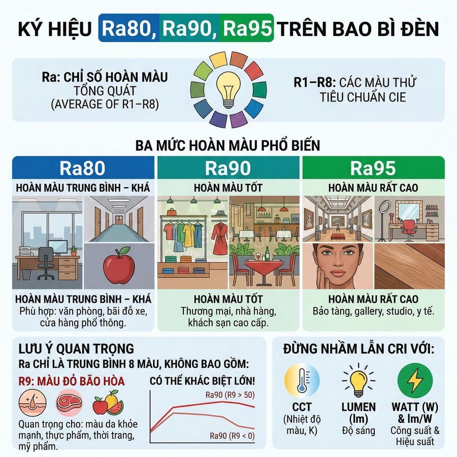 Bảng hướng dẫn chỉ số hoàn màu Ra80 Ra90 Ra95 trên bao bì đèn và ứng dụng chiếu sáng phù hợp