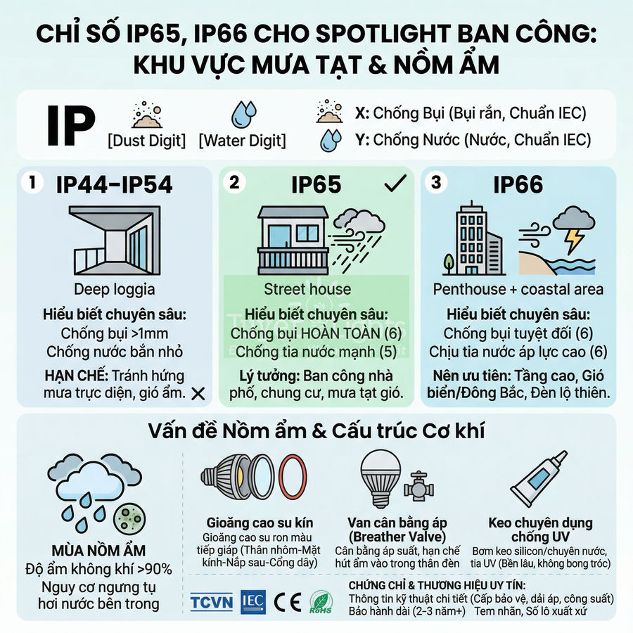 Infographic chỉ số IP65 IP66 cho đèn spotlight ban công, so sánh khả năng chống bụi nước và nồm ẩm