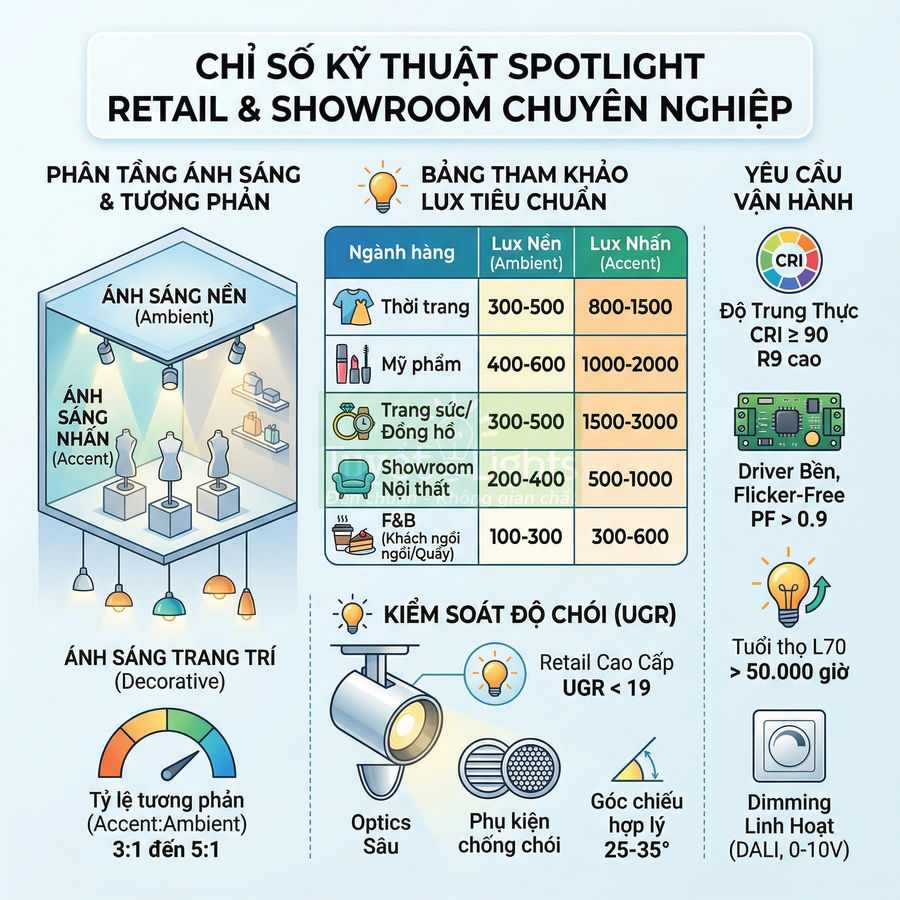 Infographic chỉ số kỹ thuật đèn spotlight cho retail và showroom chuyên nghiệp, hướng dẫn lux, CRI và chống chói