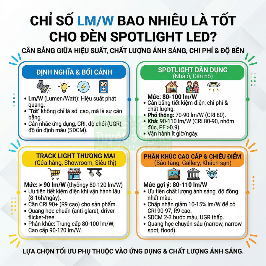 Infographic hướng dẫn chọn chỉ số LM/W phù hợp cho đèn spotlight LED theo từng ứng dụng chiếu sáng