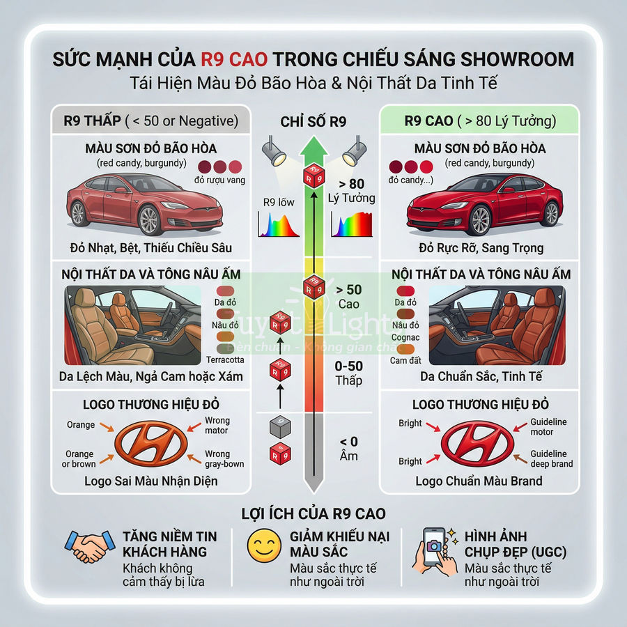 Infographic so sánh chỉ số R9 cao và thấp trong chiếu sáng showroom ô tô, nhấn mạnh màu sơn đỏ và nội thất da
