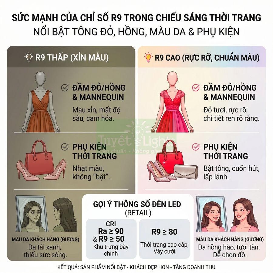 Infographic so sánh chỉ số R9 thấp và R9 cao trong chiếu sáng thời trang với váy đỏ, phụ kiện và màu da khách hàng