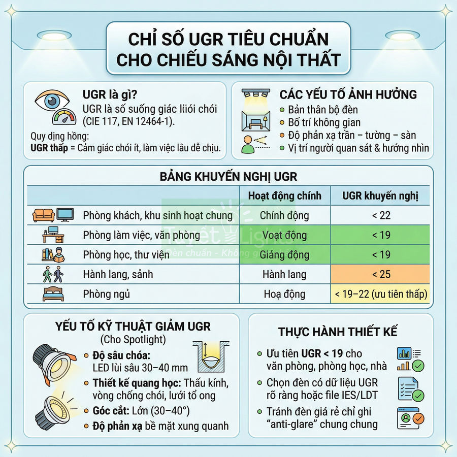 Infographic chỉ số UGR tiêu chuẩn cho chiếu sáng nội thất và bảng khuyến nghị UGR cho từng không gian