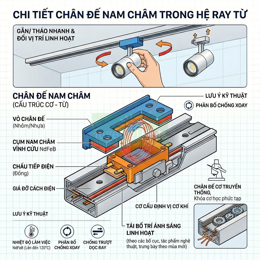 Cấu tạo chân đế nam châm ray trượt cho đèn rọi, cho phép gắn tháo nhanh và điều chỉnh vị trí chiếu sáng linh hoạt