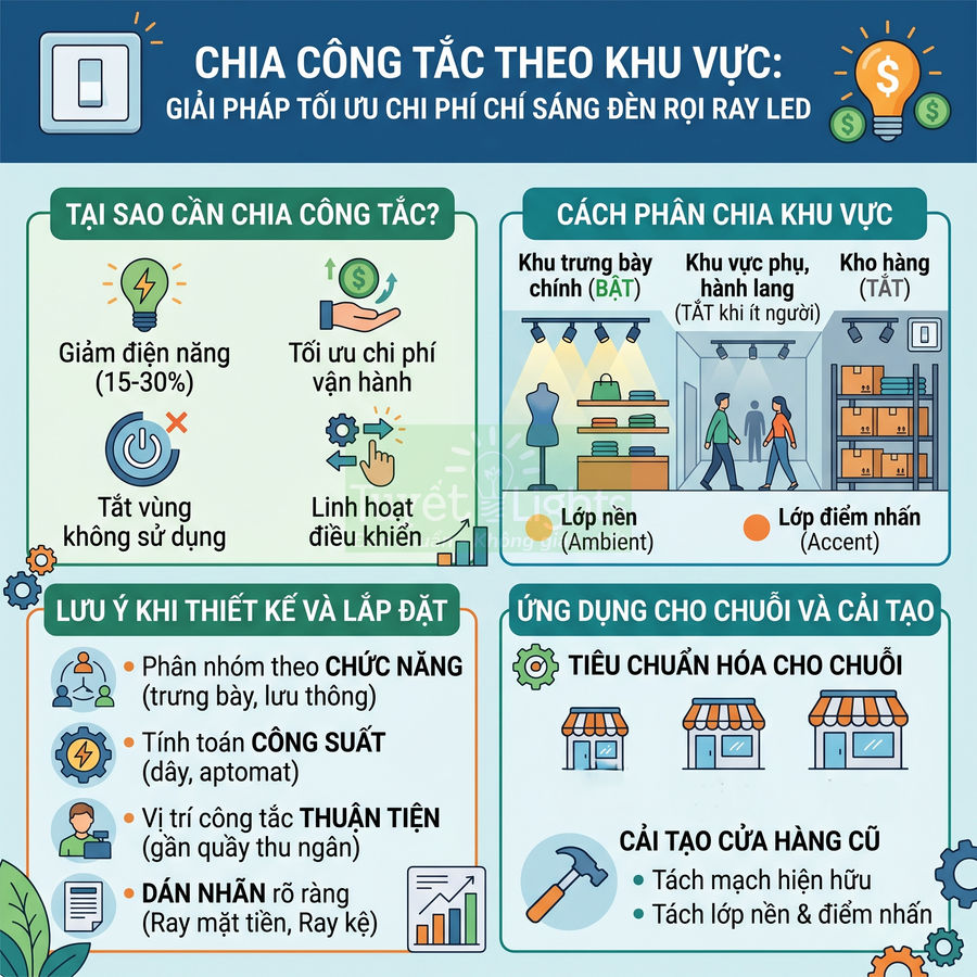 Infographic chia công tắc theo khu vực tối ưu chi phí chiếu sáng đèn rọi ray LED cho cửa hàng và chuỗi bán lẻ