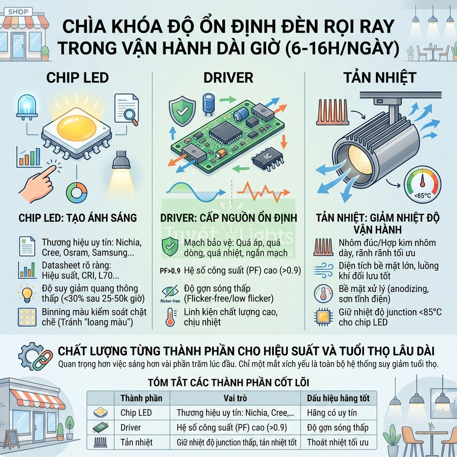Infographic cấu tạo đèn rọi ray LED với chip LED, driver và tản nhiệt giúp đèn hoạt động ổn định lâu dài