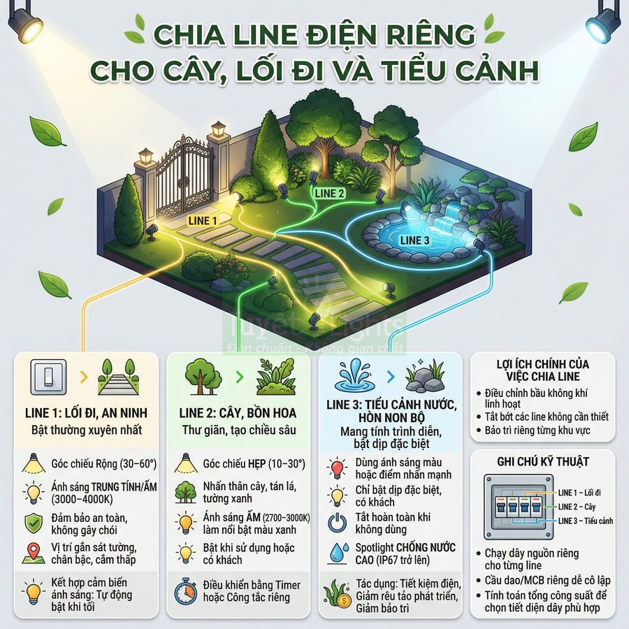 Sơ đồ chia line điện chiếu sáng sân vườn cho lối đi, cây xanh và tiểu cảnh nước