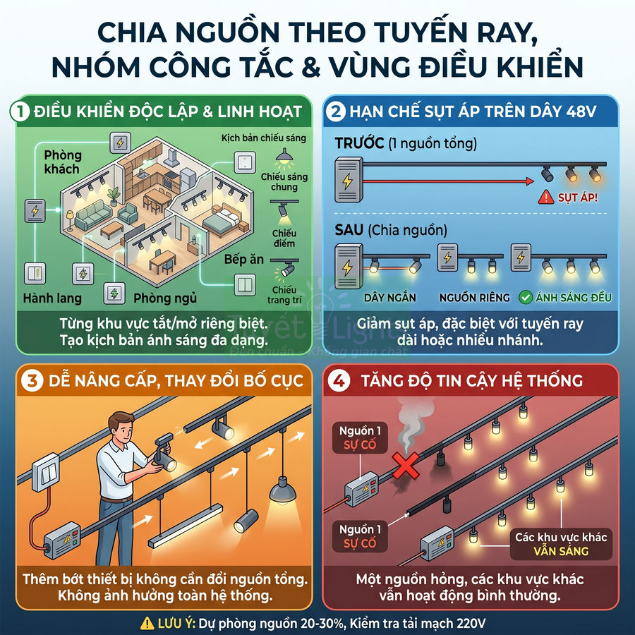 Infographic hướng dẫn chia nguồn theo tuyến ray, nhóm công tắc và vùng điều khiển cho hệ thống đèn ray 48V