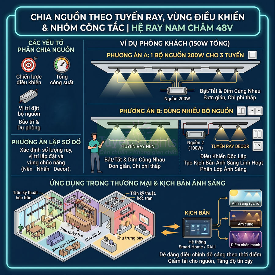 Sơ đồ hệ ray nam châm 48V chia nguồn theo tuyến ray, vùng điều khiển và nhóm công tắc cho chiếu sáng phòng khách