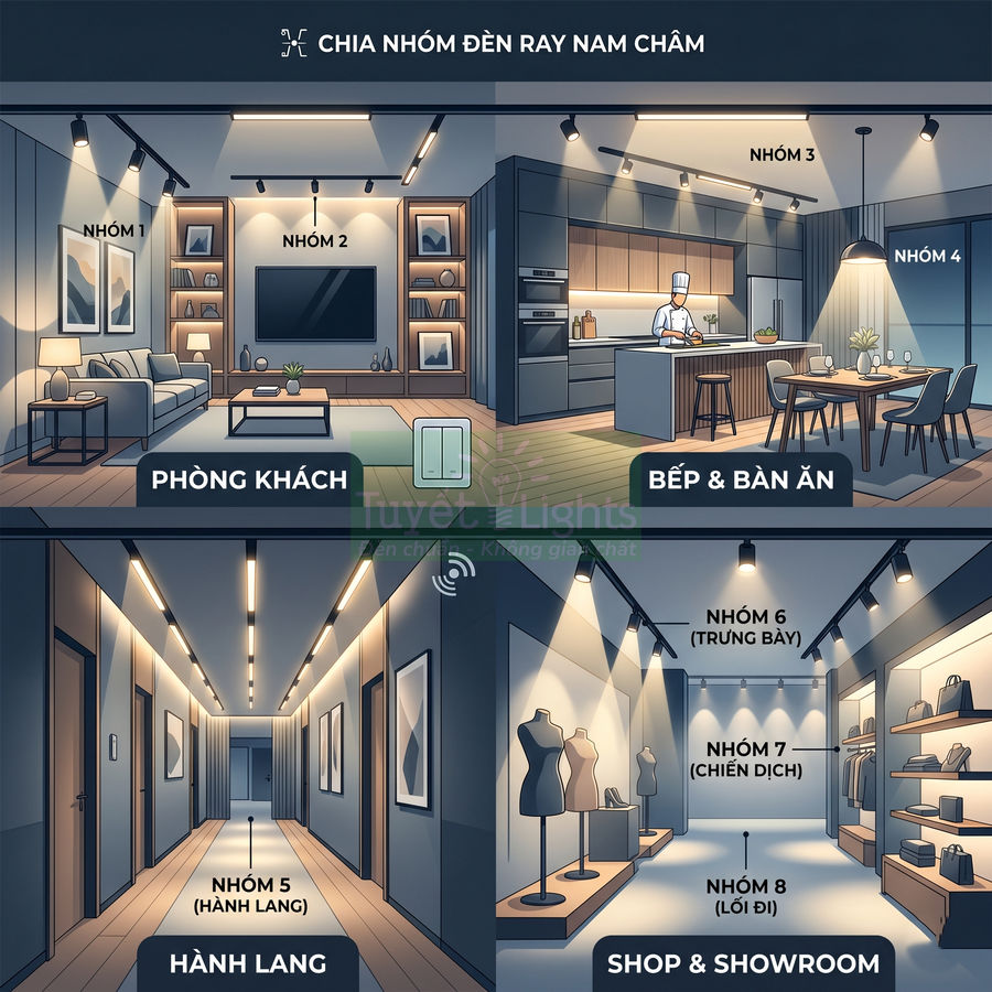 Sơ đồ ứng dụng đèn ray nam châm chiếu sáng phòng khách, bếp, hành lang, shop và showroom thời trang