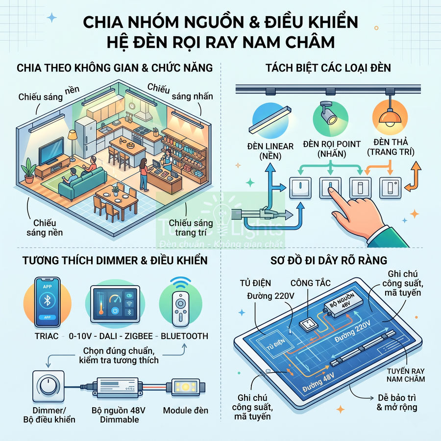 Hệ thống đèn rọi ray nam châm cho phòng khách và bếp, chia nhóm nguồn, dimmer và điều khiển thông minh