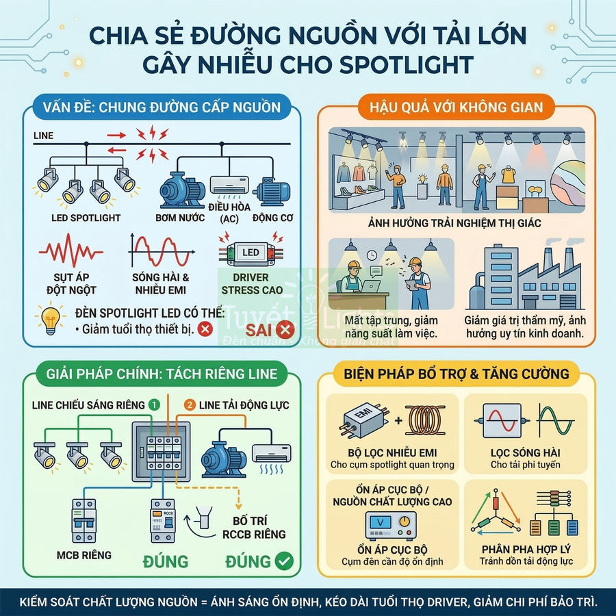 Infographic hướng dẫn tách riêng đường nguồn cho đèn LED spotlight để giảm nhiễu và tăng tuổi thọ hệ thống chiếu sáng