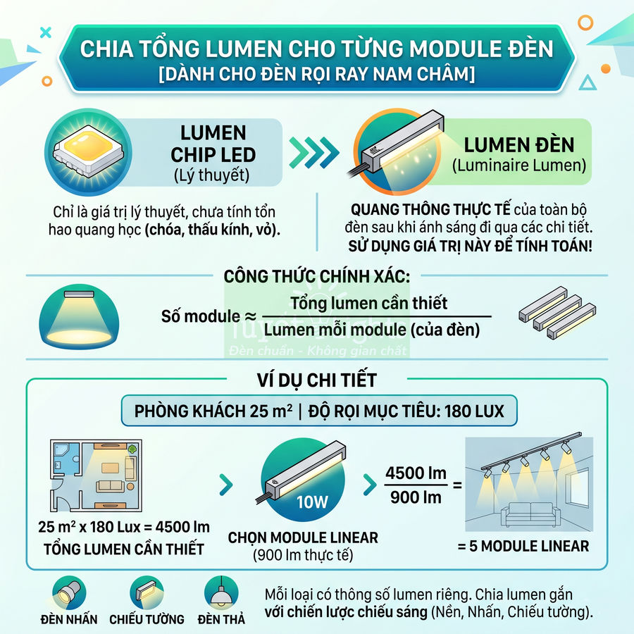 Hướng dẫn tính tổng lumen và số module cho đèn rọi ray nam châm trong phòng khách 25m2