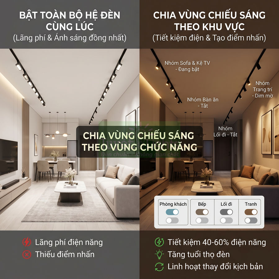 Phòng khách hiện đại với hệ thống đèn trần ray chia vùng chiếu sáng tiết kiệm điện và tạo điểm nhấn