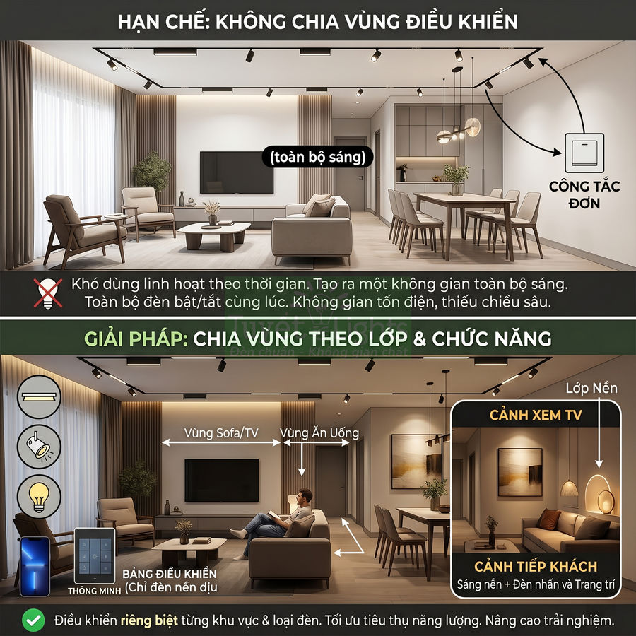 Giải pháp chiếu sáng thông minh chia vùng cho phòng khách và bếp với bảng điều khiển riêng từng khu vực