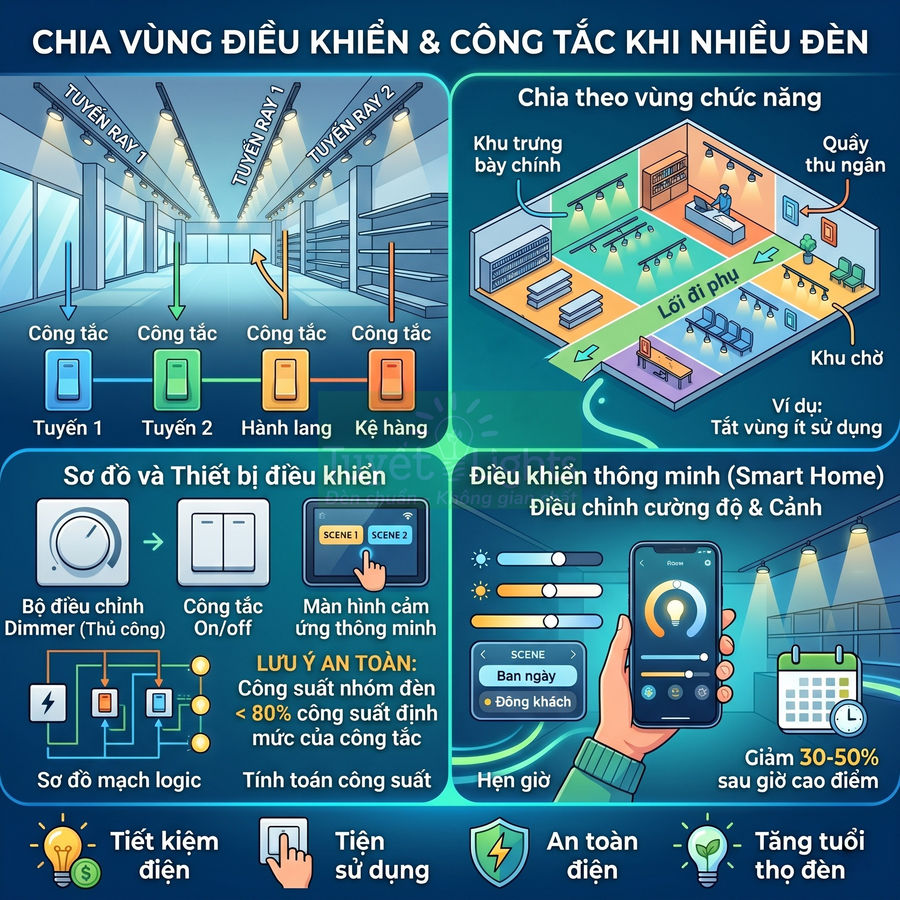 Hướng dẫn chia vùng công tắc và điều khiển đèn thông minh trong cửa hàng để tiết kiệm điện và tăng tiện ích