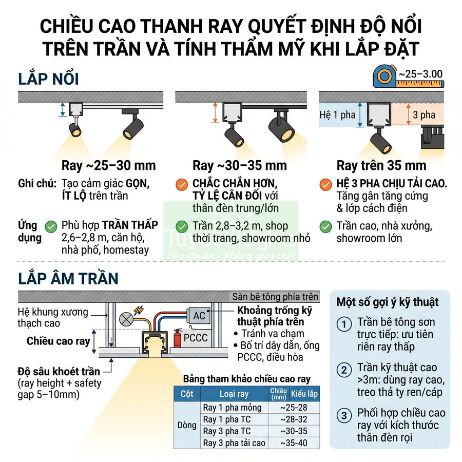 Hướng dẫn chọn chiều cao thanh ray đèn rọi ray nổi và âm trần cho trần nhà, shop, showroom