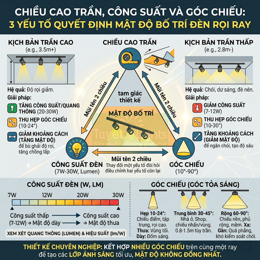 Infographic hướng dẫn chọn công suất và góc chiếu đèn rọi ray theo chiều cao trần và mật độ bố trí
