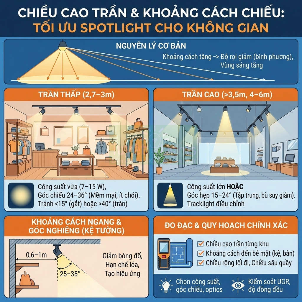 Hướng dẫn chọn công suất và góc chiếu đèn spotlight theo chiều cao trần và khoảng cách chiếu trong cửa hàng