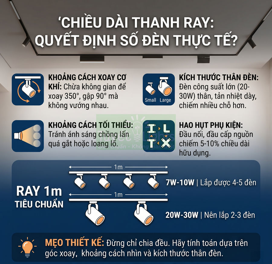 Infographic hướng dẫn chọn số lượng đèn rọi ray trên thanh ray 1m theo công suất và khoảng cách lắp đặt