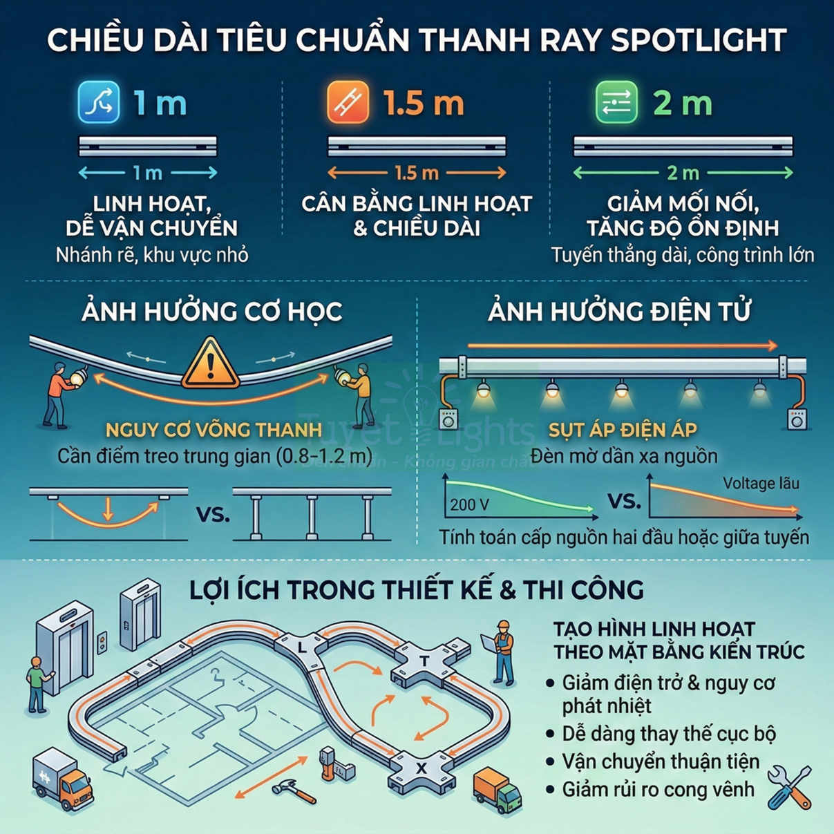 Infographic chiều dài tiêu chuẩn thanh ray spotlight và lợi ích thiết kế thi công hệ thống đèn ray chiếu sáng