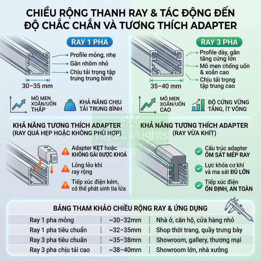 So sánh thanh ray đèn 1 pha và 3 pha, kích thước và khả năng tương thích adapter cho hệ thống chiếu sáng