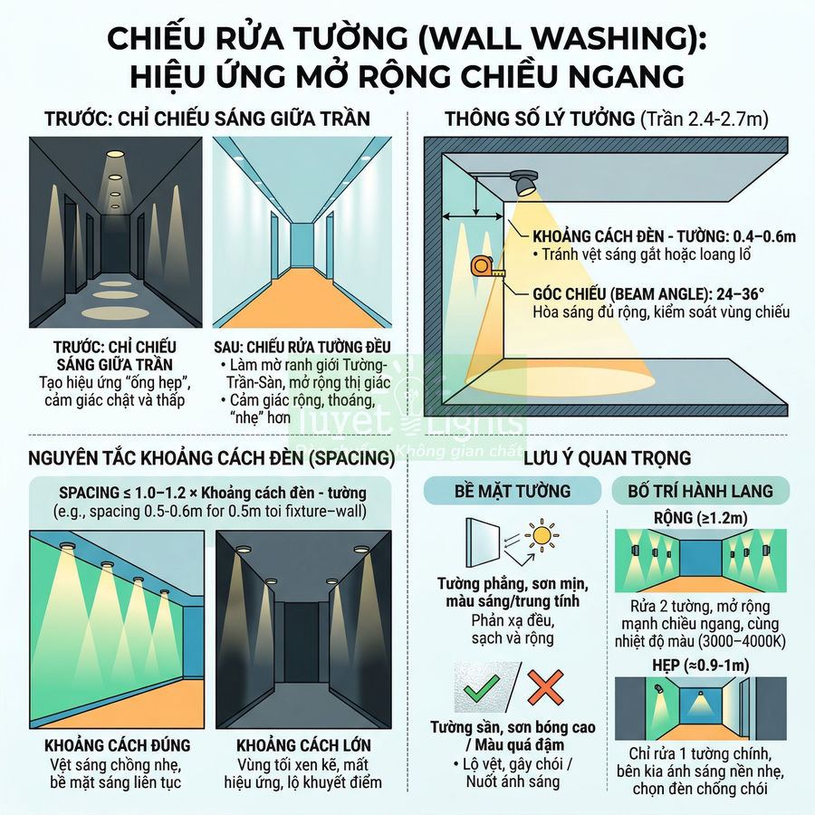 Hướng dẫn chiếu rửa tường wall washing với đèn trần, minh họa khoảng cách, góc chiếu và bố trí đèn cho hành lang
