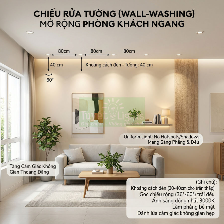 Đèn âm trần chiếu rửa tường giúp mở rộng không gian phòng khách hiện đại với sofa và cây trang trí