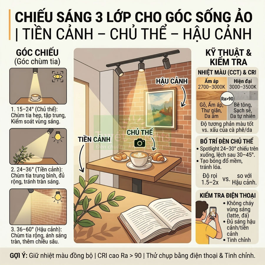 Minh họa cách bố trí đèn chiếu sáng 3 lớp cho góc chụp cà phê sống ảo với bàn, ly latte và bánh croissant