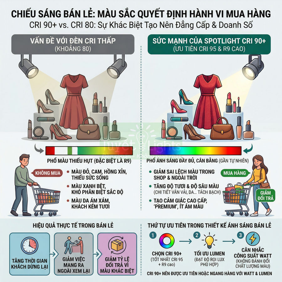 Infographic so sánh hiệu quả chiếu sáng CRI 80 và spotlight CRI 90+ trong trưng bày sản phẩm thời trang bán lẻ