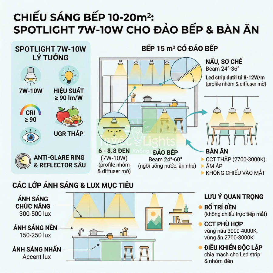 Infographic hướng dẫn bố trí đèn spotlight LED 7W 10W chiếu sáng đảo bếp và bàn ăn diện tích 10 20m2