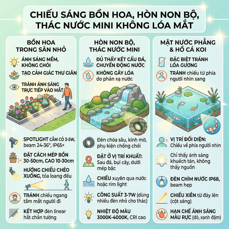 Hướng dẫn chiếu sáng bồn hoa, hòn non bộ, thác nước mini và hồ cá koi ngoài trời không lóa mắt