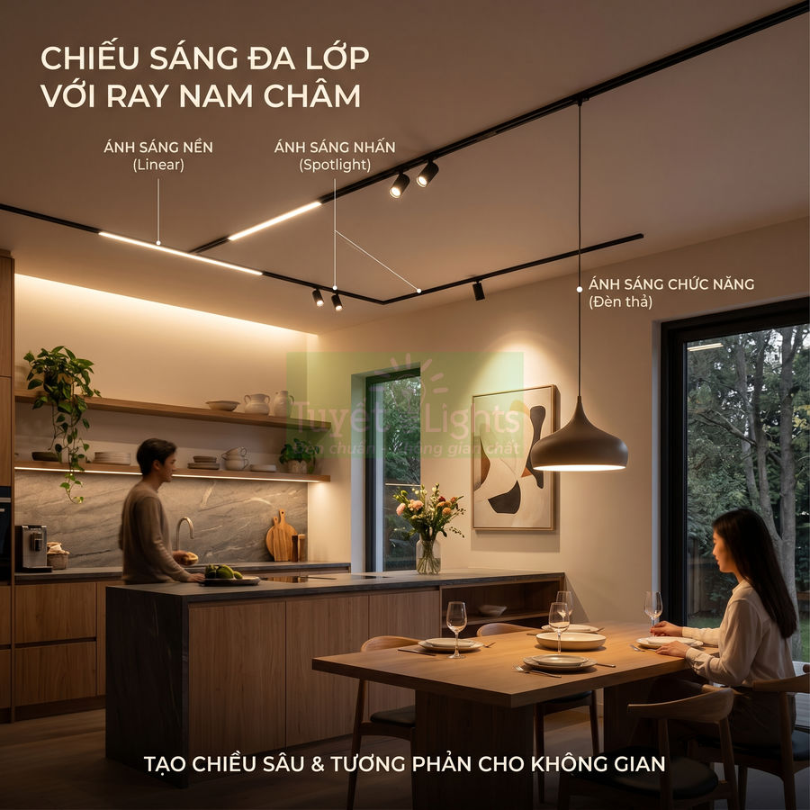 Hệ thống đèn ray nam châm chiếu sáng đa lớp cho phòng bếp và bàn ăn hiện đại