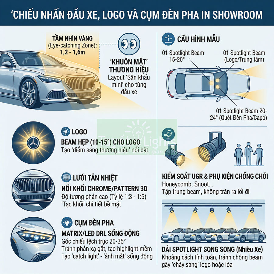 Minh họa xe Mercedes trong showroom với đèn spotlight chiếu nổi bật logo, lưới tản nhiệt và cụm đèn pha