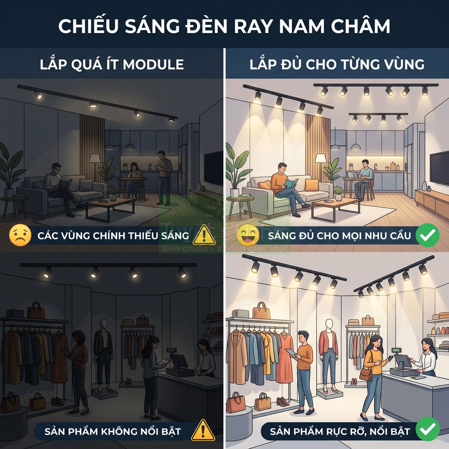 So sánh lắp đặt đèn ray nam châm ít và đủ module cho phòng khách và cửa hàng thời trang