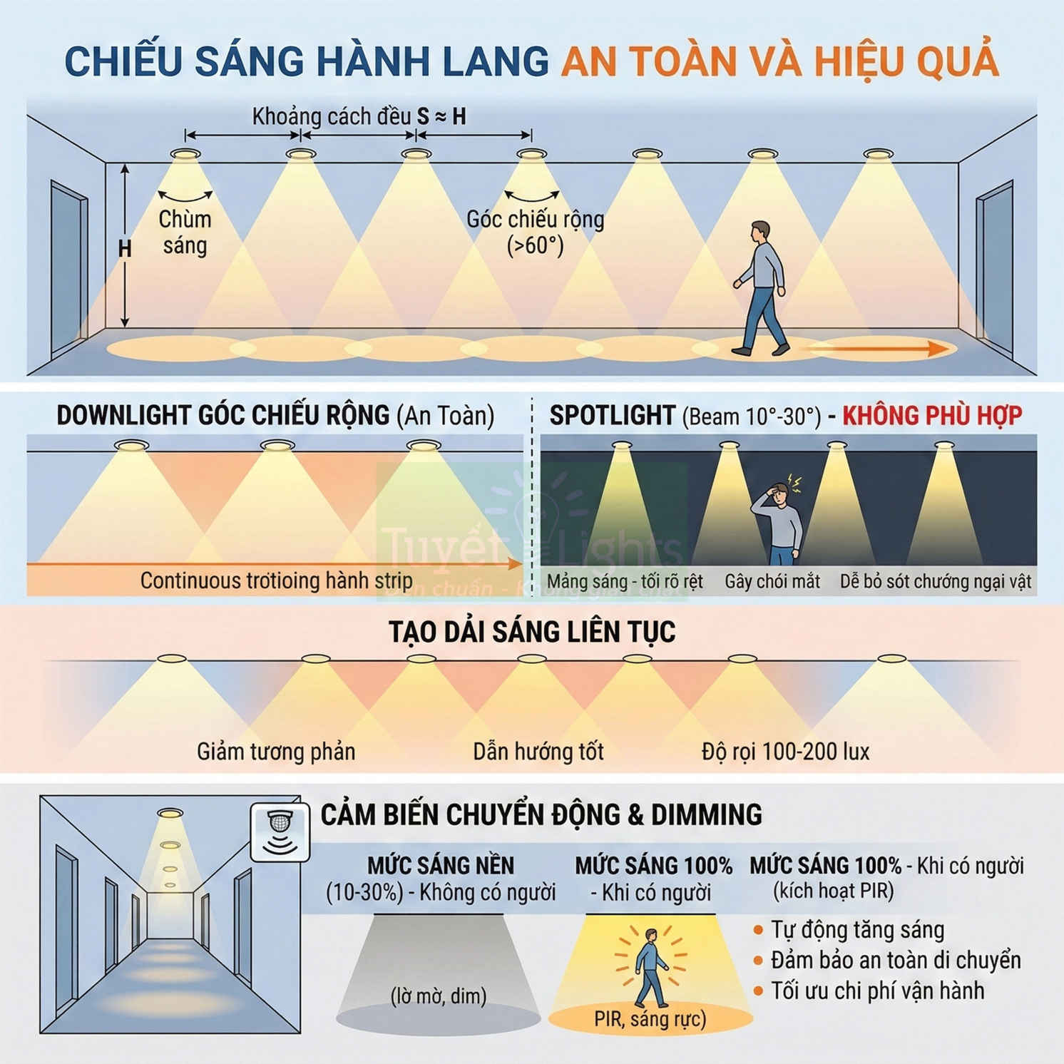 Minh họa giải pháp chiếu sáng hành lang an toàn với đèn downlight góc rộng và cảm biến chuyển động dimming
