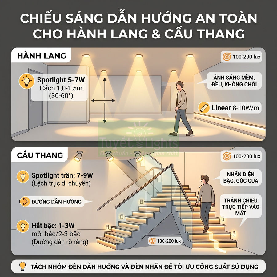 Minh họa hướng dẫn lắp đèn spotlight và đèn LED chiếu sáng an toàn cho hành lang và cầu thang