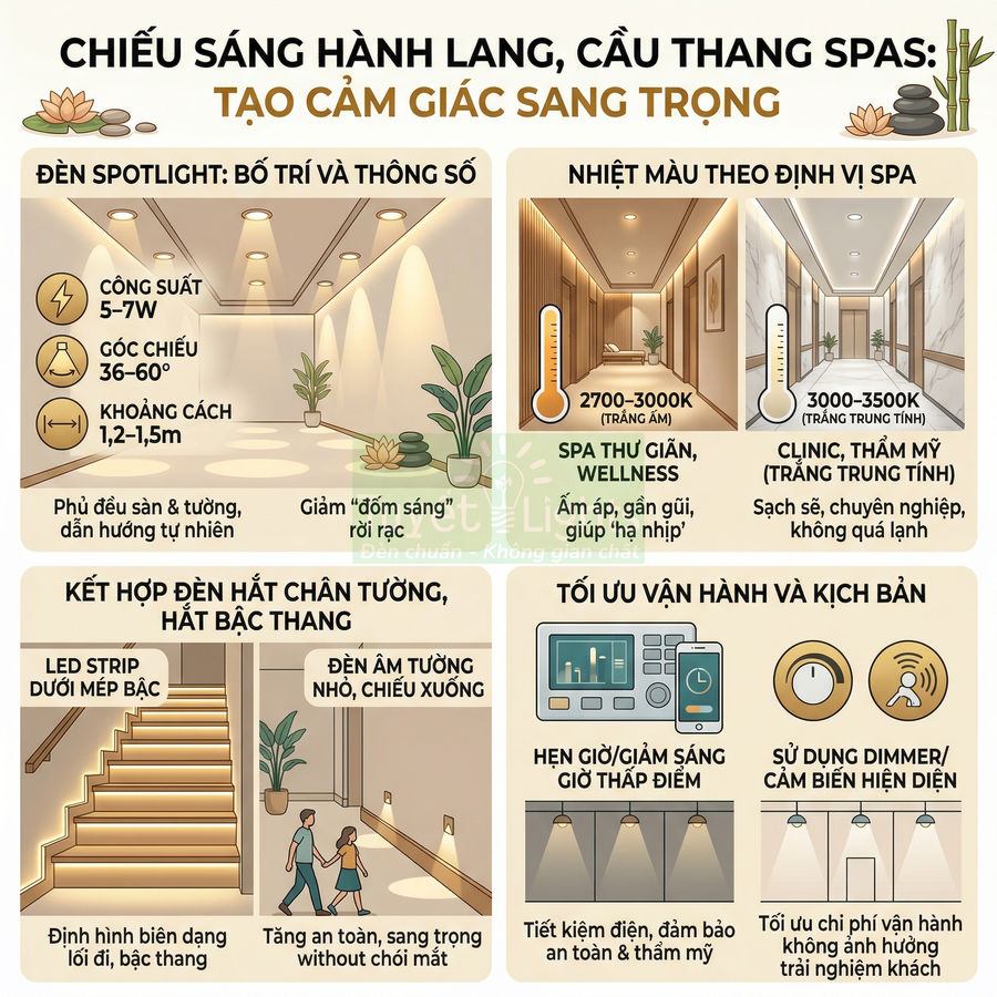 Infographic hướng dẫn bố trí đèn spotlight và đèn hắt cho hành lang, cầu thang spa sang trọng