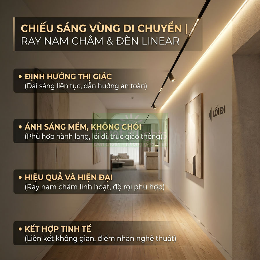 Hành lang hiện đại sử dụng ray nam châm và đèn linear chiếu sáng mềm, định hướng lối đi an toàn
